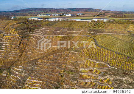 Aerial view Famous German Wine Region Moselle River Lay and Guels village Autumn Fall colors Aerial view Famous German Wine Region Moselle River Lay and Guels village Autumn Fall colors 94926142