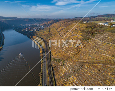 Aerial view Famous German Wine Region Moselle River Lay and Guels village Autumn Fall colors Aerial view Famous German Wine Region Moselle River Lay and Guels village Autumn Fall colors 94926156