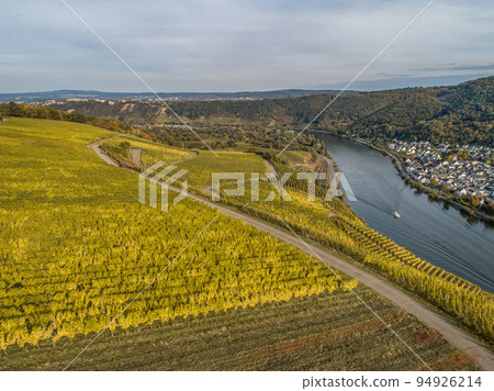 Aerial view Famous German Wine Region Moselle River Lay and Guels village Autumn Fall colors Aerial view Famous German Wine Region Moselle River Lay and Guels village Autumn Fall colors 94926214