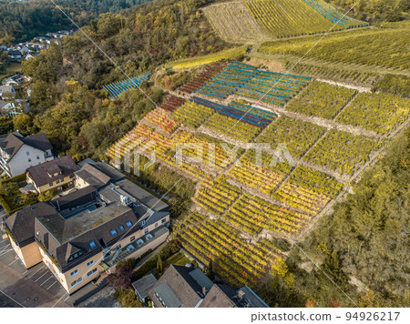Aerial view Famous German Wine Region Moselle River Lay and Guels village Autumn Fall colors 94926217