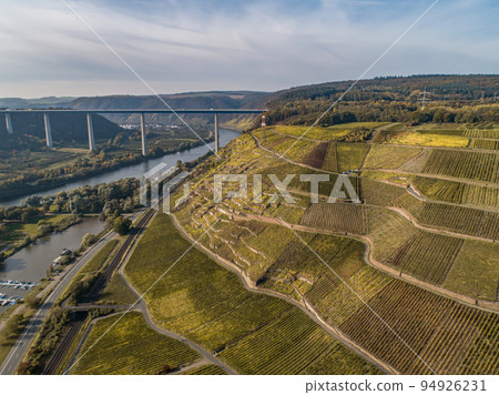 Aerial view Famous German Wine Region Moselle River Lay and Guels village Autumn Fall colors Aerial view Famous German Wine Region Moselle River Lay and Guels village Autumn Fall colors 94926231