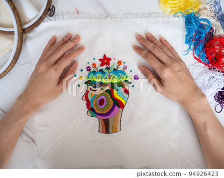 hand embroidery craft hobby human head brain mind health mental lotus spiritual art therapy conscious feel inspiring healing chakra body illustration design pattern textile handicraft selected focus hand embroidery craft hobby human head brain mind health mental lotus spiritual art therapy conscious feel inspiring healing chakra body illustration design pattern textile handicraft selected focus 94926423