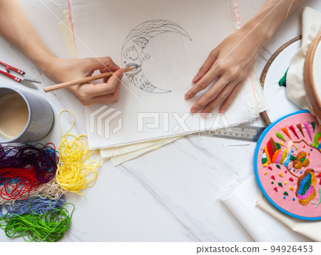 designer hand embroidery craft hobby fabric textile texture handmade fashion moon drawing mind health mental spiritual art therapy healing illustration design pattern handicraft selected focus 94926453