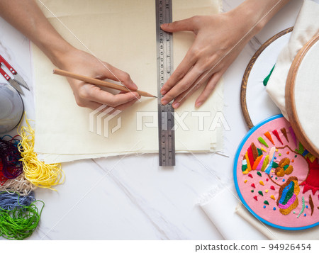 designer hand embroidery craft hobby fabric textile texture handmade fashion drawing mind health mental spiritual art therapy healing illustration design pattern handicraft selected focus 94926454
