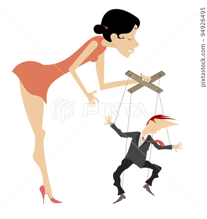 Woman and puppet man concept.  Young woman master controls man like puppet by cords. Isolated on white illustration 94926495