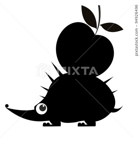Hedgehog and an apple.  Cartoon hedgehog carrying an apple on its back. Black and white illustration 94926496