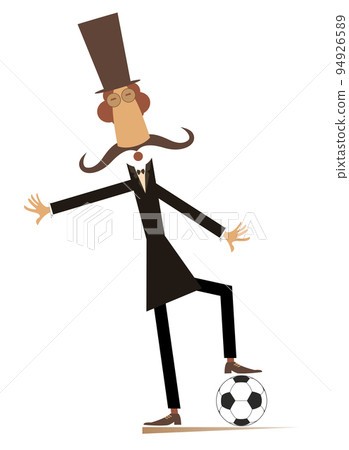 Fanny man in the top hat playing football. Cartoon long mustache gentleman in the top hat playing football. Isolated on white background 94926589