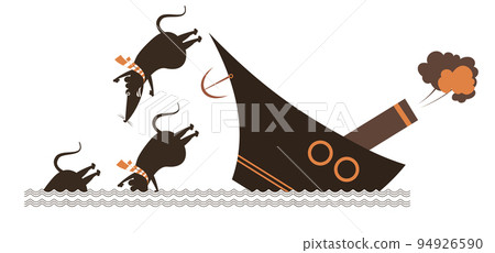 Rats desert a sinking ship.  Cartoon rats in panic desert a sinking ship black on white background 94926590