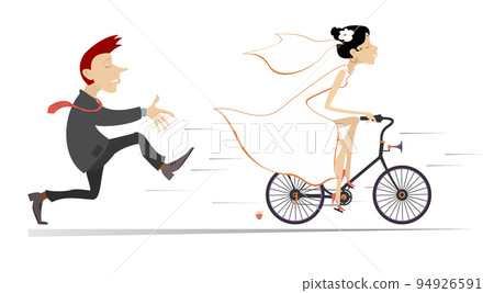 Married wedding couple. Bride rides away from the bridegroom on the bicycle. Upset bridegroom trying to catch up a runaway on the bicycle bride. Isolated on white background illustration 94926591