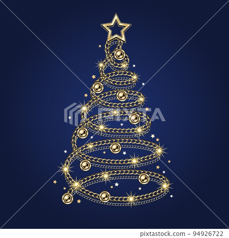 Fancy christmas tree made of jewelry gold and silver chains, shiny ball beads. Elegant jewelry illustration for winter sales, christmas, new year holiday, gift decoration. 94926722
