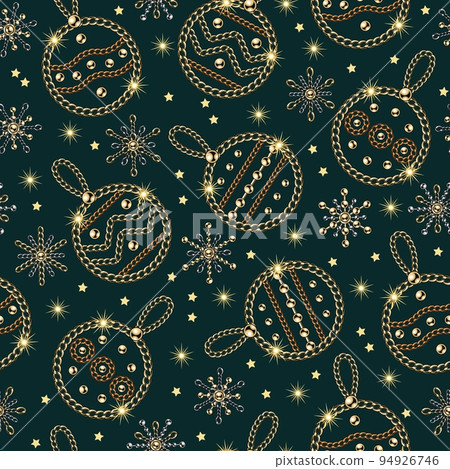 Pattern with christmas balls, snowflakes of gold, silver chains shiny ball beads Pattern with christmas balls, snowflakes of gold, silver chains shiny ball beads 94926746