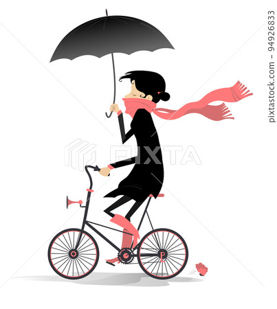 Rainy and windy day and woman rides a bike. Illustration. Young woman with an umbrella rides a bike under the strong wind and rain. Isolated on white background Rainy and windy day and woman rides a bike. Illustration. Young woman with an umbrella rides a bike under the strong wind and rain. Isolated on white background 94926833