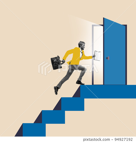 Successful business. Businessman running up the career ladder, symbolizing professional achievement. Motivated worker. Concept of business, personal, professional growth, success Successful business. Businessman running up the career ladder, symbolizing professional achievement. Motivated worker. Concept of business, personal, professional growth, success 94927192