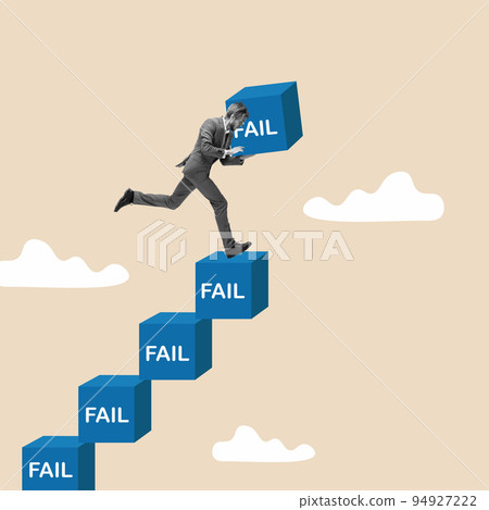 Usuccessful career concept. Creative art collage. Improve from failure, build up stair to success, challenge and ambition to never give up, learn to fail as path to achieve goal concept. 94927222