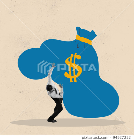 Art collage about debt burden, financial obligation or loan payment, heavy load of money failure, mortgage or borrowing money problem concept. Tried businessman carrying big debt money bag Art collage about debt burden, financial obligation or loan payment, heavy load of money failure, mortgage or borrowing money problem concept. Tried businessman carrying big debt money bag 94927232