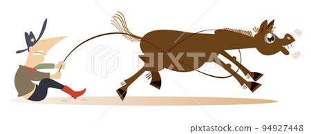 Cartoon rider lassoes a horse. Rodeo.  Farmer or cowboy tries to stop the running away horse with lasso. On white background 94927448