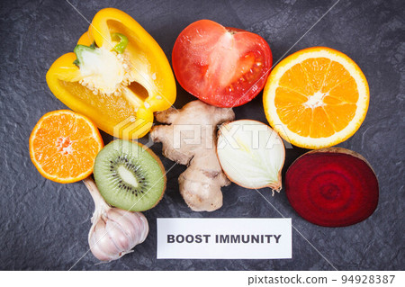 Inscription boost immunity with fruits and vegetables. Source vitamins, minerals and dietary fiber Inscription boost immunity with fruits and vegetables. Source vitamins, minerals and dietary fiber 94928387