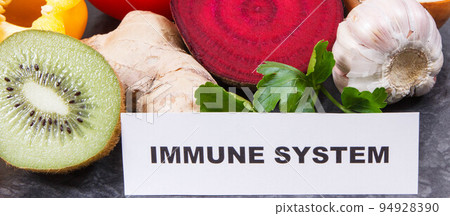 Inscription immune system with ripe fruits and vegetables. Source vitamins 94928390