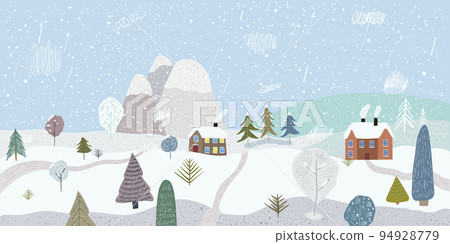 Cute winter landscape. Winter banner. Vector illustration of nature, city, houses, people, trees and mountains in the New Year and Christmas holidays. 94928779