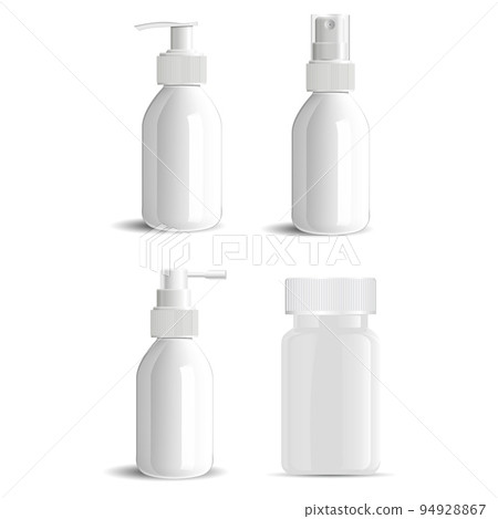 White medical bottle mockup set. Spray dispenser, pill jar 94928867