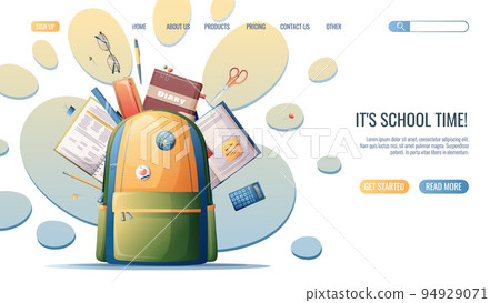 Landing page template with briefcase and flying school items.Back to school landing page template. Flat web banner on white backdrop. Vector flat illustration. Concept web design, website page Landing page template with briefcase and flying school items.Back to school landing page template. Flat web banner on white backdrop. Vector flat illustration. Concept web design, website page 94929071
