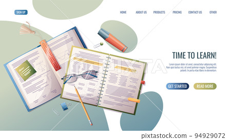Back to school landing page template. Illustration of textbook, notebook and stationery. Flat web banner on white backdrop. Vector flat illustration. Concept web design, website page development. Back to school landing page template. Illustration of textbook, notebook and stationery. Flat web banner on white backdrop. Vector flat illustration. Concept web design, website page development. 94929072
