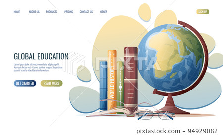 landing page template with globe, glasses and stack of textbooks.Back to school landing page template. Flat web banner on white backdrop. Vector flat illustration. Concept web design, website page landing page template with globe, glasses and stack of textbooks.Back to school landing page template. Flat web banner on white backdrop. Vector flat illustration. Concept web design, website page 94929082