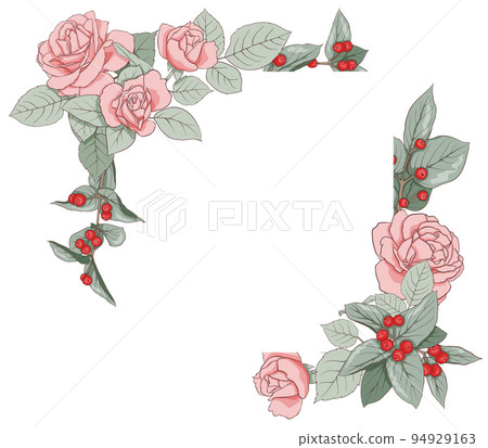 Floral frame on an isolated background. A square frame of roses and leaves for the design of invitations, cards, paper, books, websites, decor, design, etc. Vector illustration Floral frame on an isolated background. A square frame of roses and leaves for the design of invitations, cards, paper, books, websites, decor, design, etc. Vector illustration 94929163