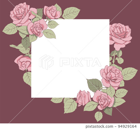 Floral frame. A square frame of roses and leaves for the design of invitations, cards, paper, books, websites, decor, design, etc. Vector illustration Floral frame. A square frame of roses and leaves for the design of invitations, cards, paper, books, websites, decor, design, etc. Vector illustration 94929164