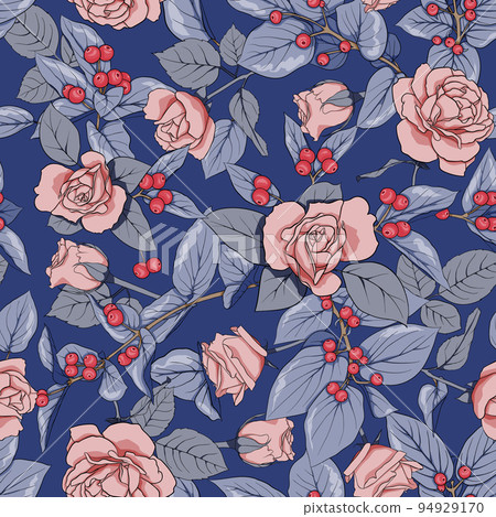 Seamless pattern with roses, branches, berries, leaves. Texture for fabric, textile, wallpaper, decor, paper, scrapbooking, etc. Vector illustration Seamless pattern with roses, branches, berries, leaves. Texture for fabric, textile, wallpaper, decor, paper, scrapbooking, etc. Vector illustration 94929170
