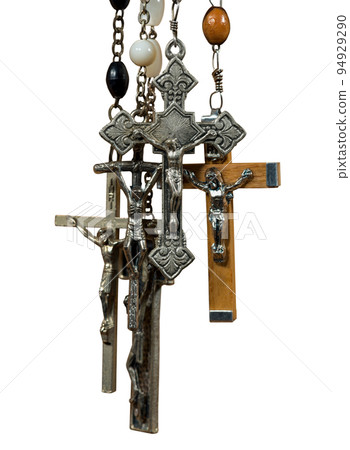 Group of Crucifixes and Rosary Beads Isolated on White Background Group of Crucifixes and Rosary Beads Isolated on White Background 94929290