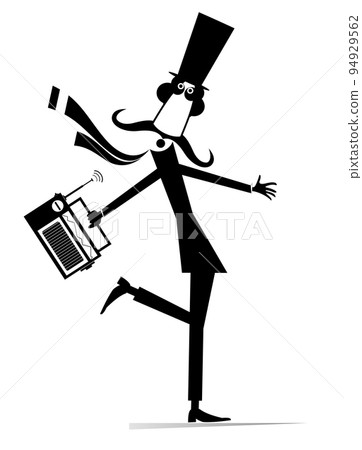 Funny mustache man in the top hat with a radio. Dancing long mustache man in the top hat listening to music by vintage radio. Black and white Funny mustache man in the top hat with a radio. Dancing long mustache man in the top hat listening to music by vintage radio. Black and white 94929562
