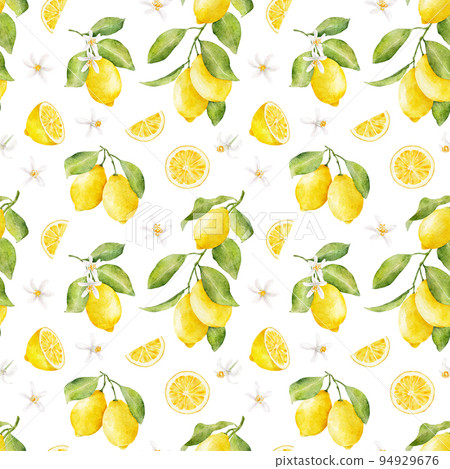 Watercolor seamless pattern with lemons and flowers isolated on white background. Watercolor seamless pattern with lemons and flowers isolated on white background. 94929676