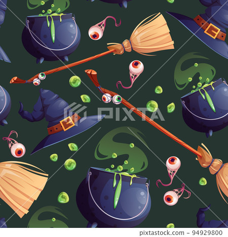 Vector Halloween Seamless pattern with hat, witches cauldron and broom on green background. Magical background for a terrible holiday Vector Halloween Seamless pattern with hat, witches cauldron and broom on green background. Magical background for a terrible holiday 94929800