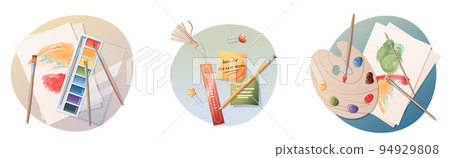 Icon set with art supplies paint, palette, brushes. Sticky Notes. Illustration for school, office, education, study. Vector cartoon illustration 94929808