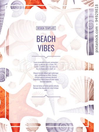 Flyer template with seashells and orange starfish. Banner, flyer, poster A4 size for advertising. Banner, flyer, poster A4 size for advertising 94929818