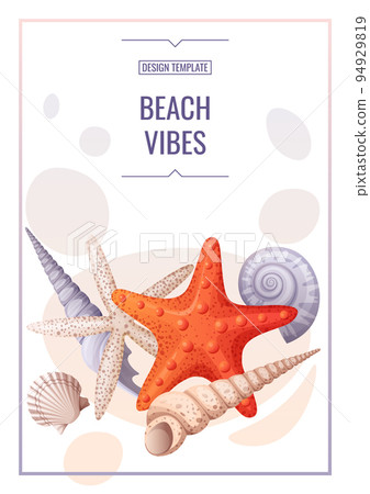 Flyer template with seashells and orange starfish. Banner, flyer, poster A4 size for advertising. 94929819