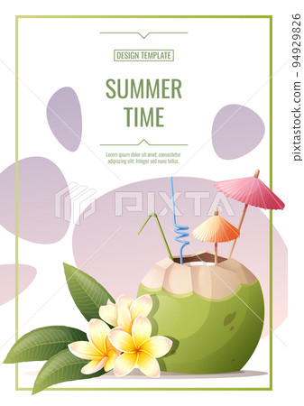 Flyer template design with coconut cocktail, cocktail umbrellas and straws, frangipani flowers. Summer beach party, bar, refreshing drinks. Banner, flyer, poster A4 size for advertising Flyer template design with coconut cocktail, cocktail umbrellas and straws, frangipani flowers. Summer beach party, bar, refreshing drinks. Banner, flyer, poster A4 size for advertising 94929826