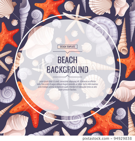 Decorative frame with shells, starfish isolated on white. Square wreath with nautical elements and underwater animals for postcards, nautical party invitations. Cartoon vector illustration 94929838