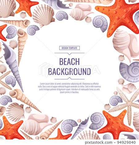 Decorative frame with shells, starfish isolated on white. Square wreath with nautical elements and underwater animals for postcards, nautical party invitations. Cartoon vector illustration 94929840
