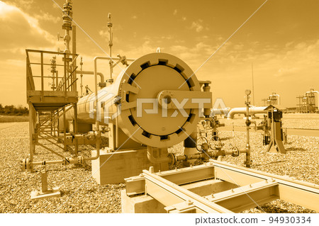 Toned image of a gas pipeline piston launch chamber frontal view of the locking mechanism Toned image of a gas pipeline piston launch chamber frontal view of the locking mechanism 94930334