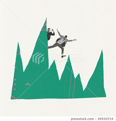 Creative design. Contemporary art collage. Young men climbing on cliff symbolizing unstable money statistics Creative design. Contemporary art collage. Young men climbing on cliff symbolizing unstable money statistics 94930554