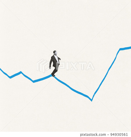 Creative design. Contemporary art collage. Businessman balancing on money graph. Risk. Profitable company strategy Creative design. Contemporary art collage. Businessman balancing on money graph. Risk. Profitable company strategy 94930561
