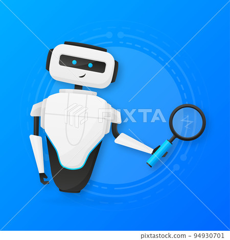 Search information concept. White robot looking through the magnifying glass. Vector illustration. 94930701