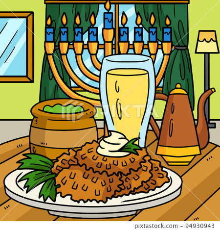 Hanukkah Latke with Menorah Colored Cartoon Hanukkah Latke with Menorah Colored Cartoon 94930943