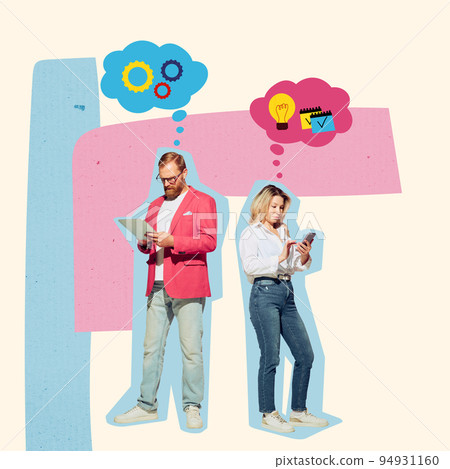 Couple of business people meeting and talking. Speech bubble above them. Art collage or design about dialog, cooperation and teamwork concepts Couple of business people meeting and talking. Speech bubble above them. Art collage or design about dialog, cooperation and teamwork concepts 94931160