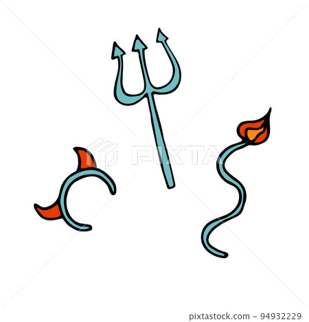 Halloween accessories doodle set. Horns, trident, tail 94932229