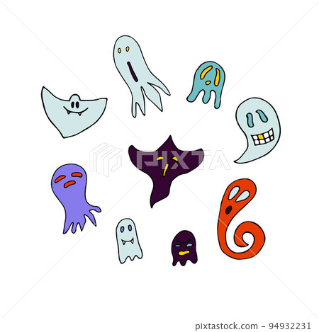 Doodle Halloween Ghosts set. Mystical characters with fangs Doodle Halloween Ghosts set. Mystical characters with fangs 94932231