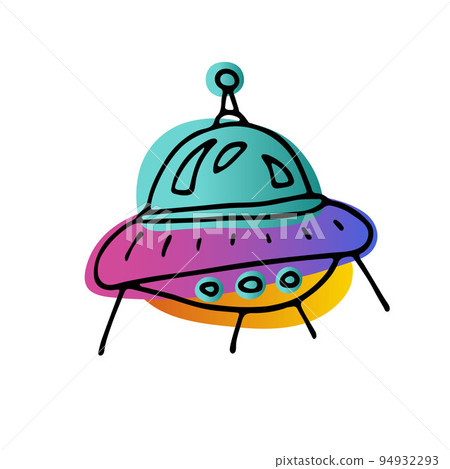 Bright space doodle sticker. Hand-drawn Flying saucer Bright space doodle sticker. Hand-drawn Flying saucer 94932293