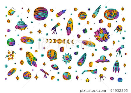 Bright neon color space doodle sticker set Bright neon color space doodle sticker set 94932295